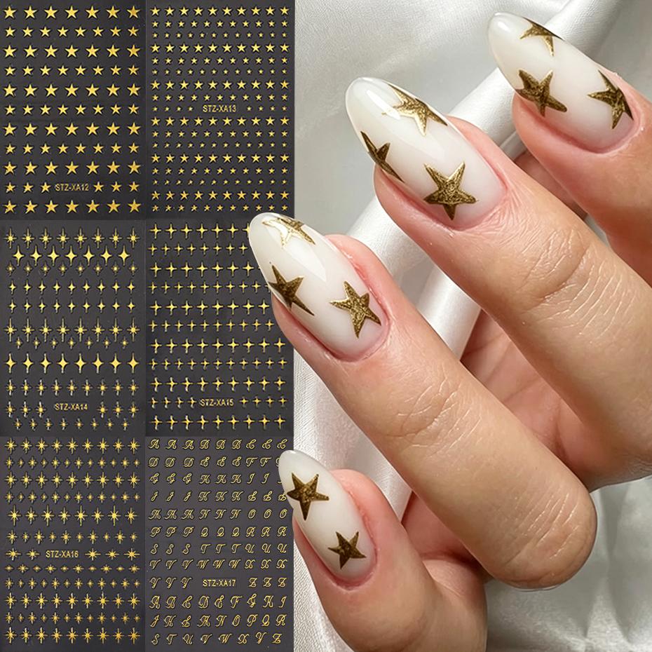 Xiaomi 6pcs Bronzing Metallic Golden Star Nail Art Stickers Y2K Mirror Effect Pentagram Starburst English Script Letters Nail Art Decal