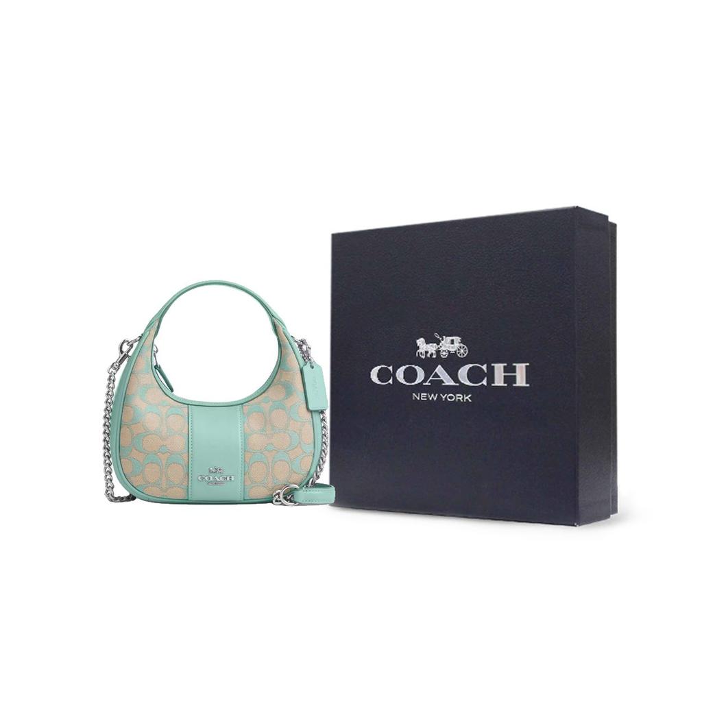 Coach Carmen 20 Metallic Logo Zipper Closure Signature Jacquard And Smooth Leather Handheld Shoulder Crossbody Bag Small Women Bags CT773-SVVSW