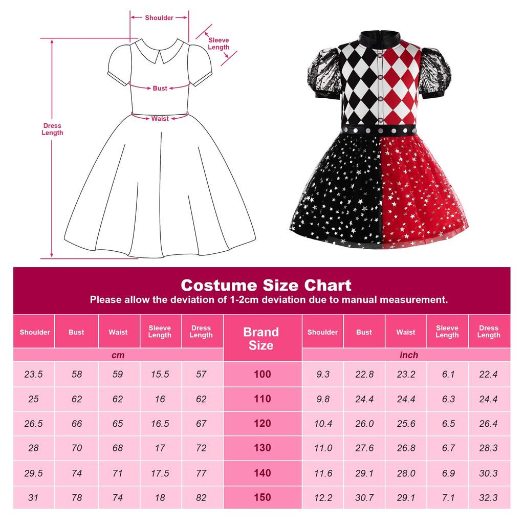 ReliBeauty Clown Halloween Costume for Dress Red and Size 120 Costume, Girls, Kids, Parties, Events, Set, Black,