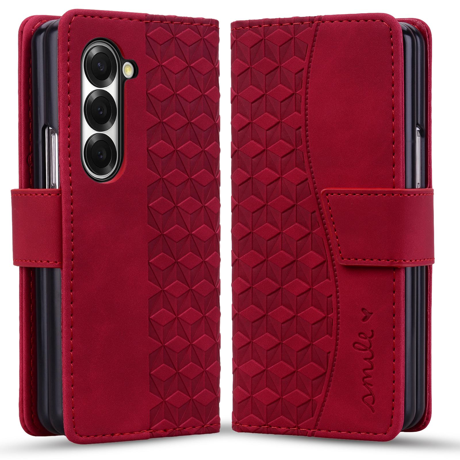 

For Samsung Galaxy Z Fold7 5G Case Rhombus Pattern Leather Wallet Phone Cover with Wrist Strap Wine Red