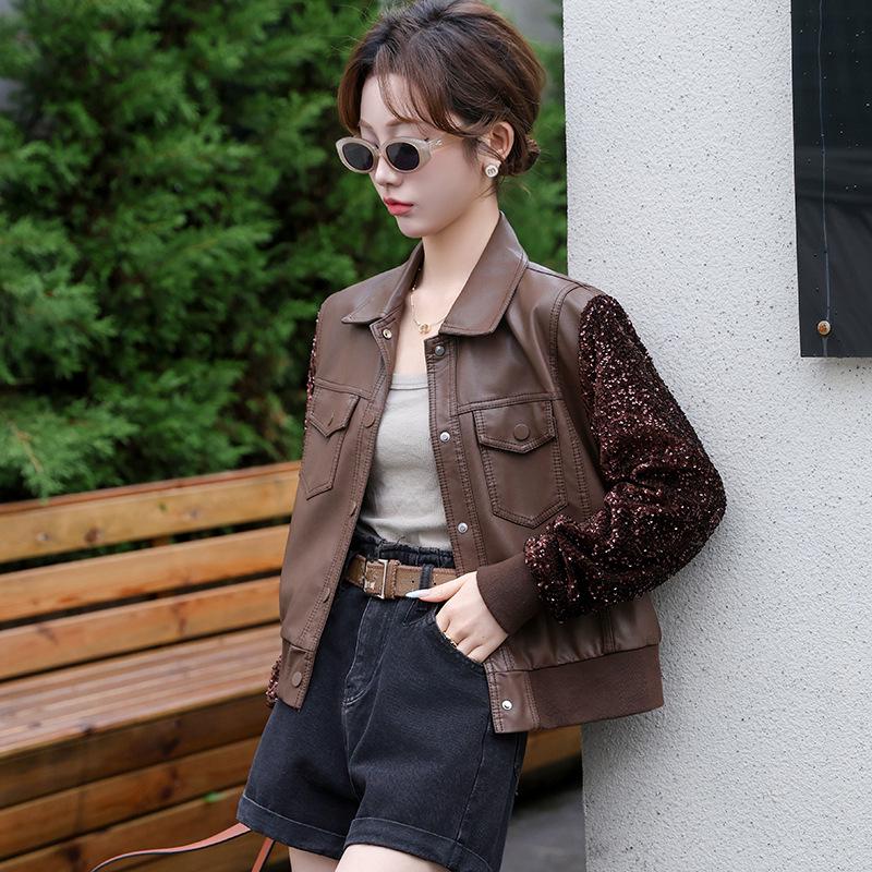 

2024 Women s Slim Fit Short PU Leather Jacket with Patchwork Sequins for Spring and Autumn M кавовий