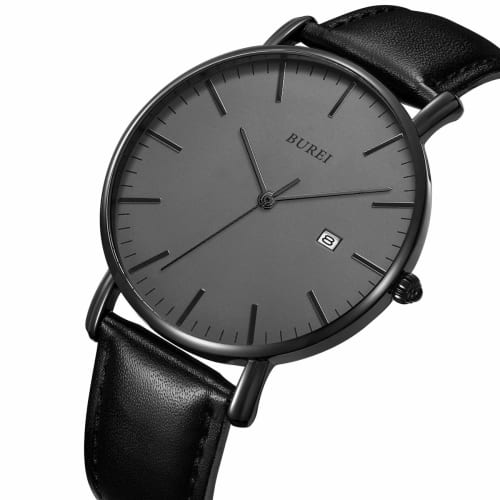 BUREI Men's Stylish Analog Quartz Watch, Simple, Slim, Casual Design with Date Display, Waterproof, Popular Brand, Black Leather Strap