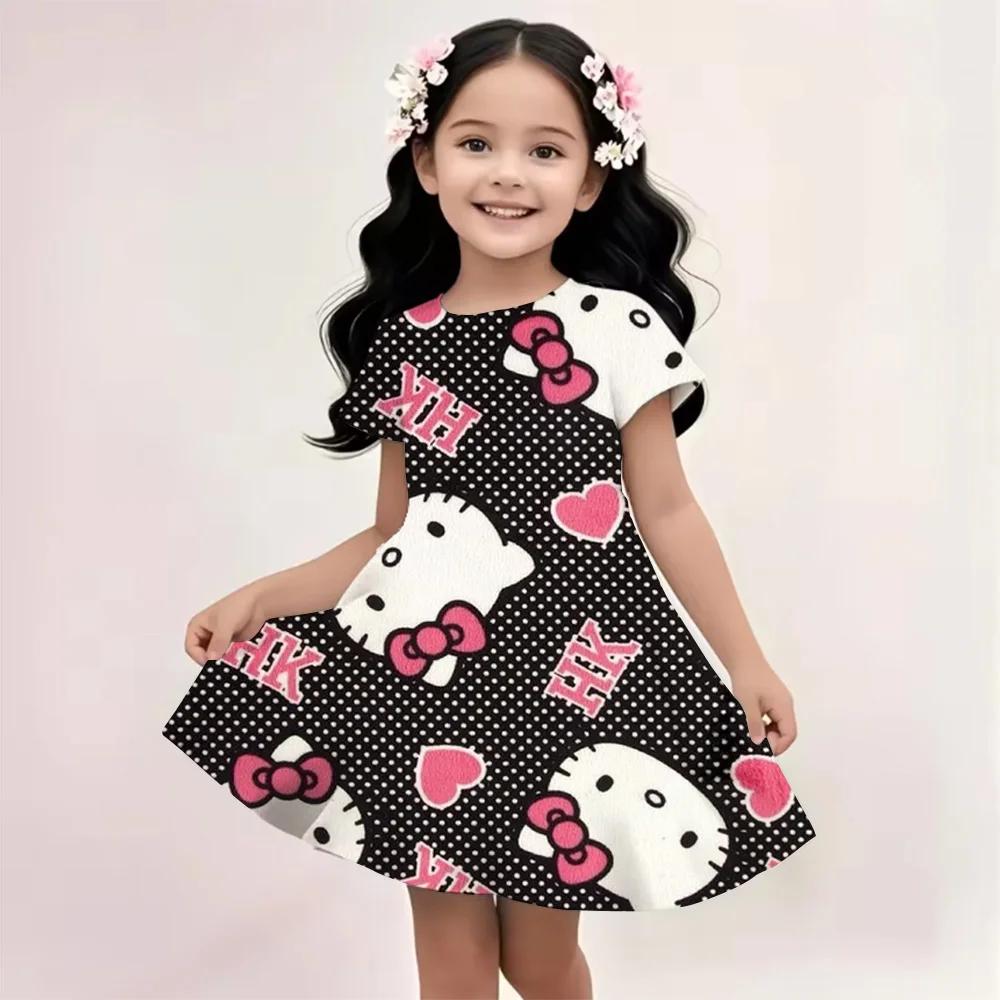 2025 Summer Girls Dress Fashion Cartoon Cute Cinnamoroll &Hello Kitty 3D Printing Dresses Kids Short Sleeve Princess Clothing