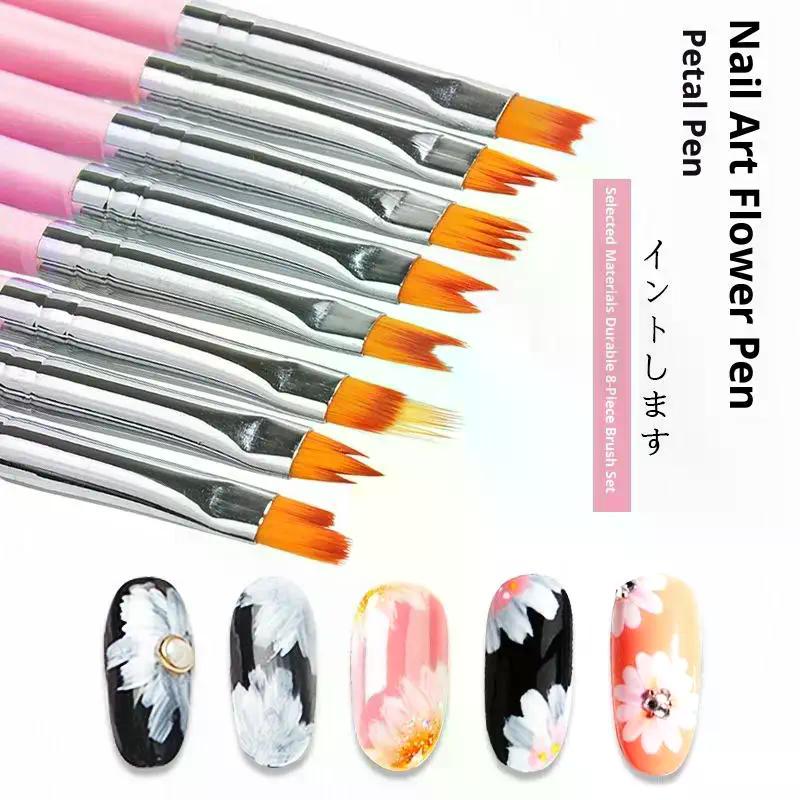 8Pcs Set Oblique Gradient Smudge Nail Flower Drawing Sawtooth Pen Multifunctional Mix Shape Petal Painting Gel Nail Art Brush