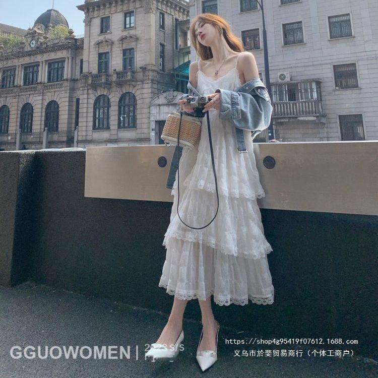French white suspender dress women's summer new temperament lace cake skirt seaside vacation long skirt