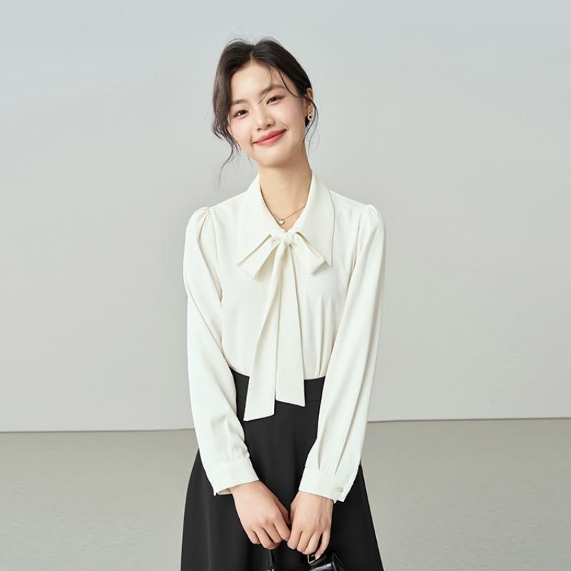 Spring and Autumn White Long Sleeve Chiffon Bow Shirt Women's Professional Formal Inner Top