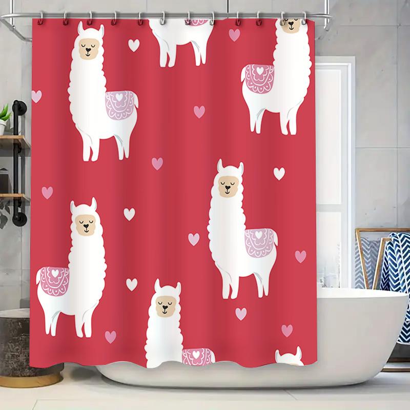 

Red Heart Print Llama Shower Curtain For Bathroom Decor Cute Animal Design Waterproof Fabric Ideal Gift Idea (180X240Cm) W60H190(CM)-1 Pcs