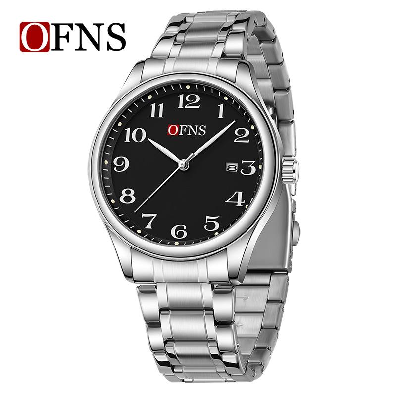 מותג Ofns שעון קוורץ אופנתי קלאסי פלדת אל-חלד מלאה עמיד במים 30 מטר לגברים ונשים לוח שנה תאריך זוגי עסקי
