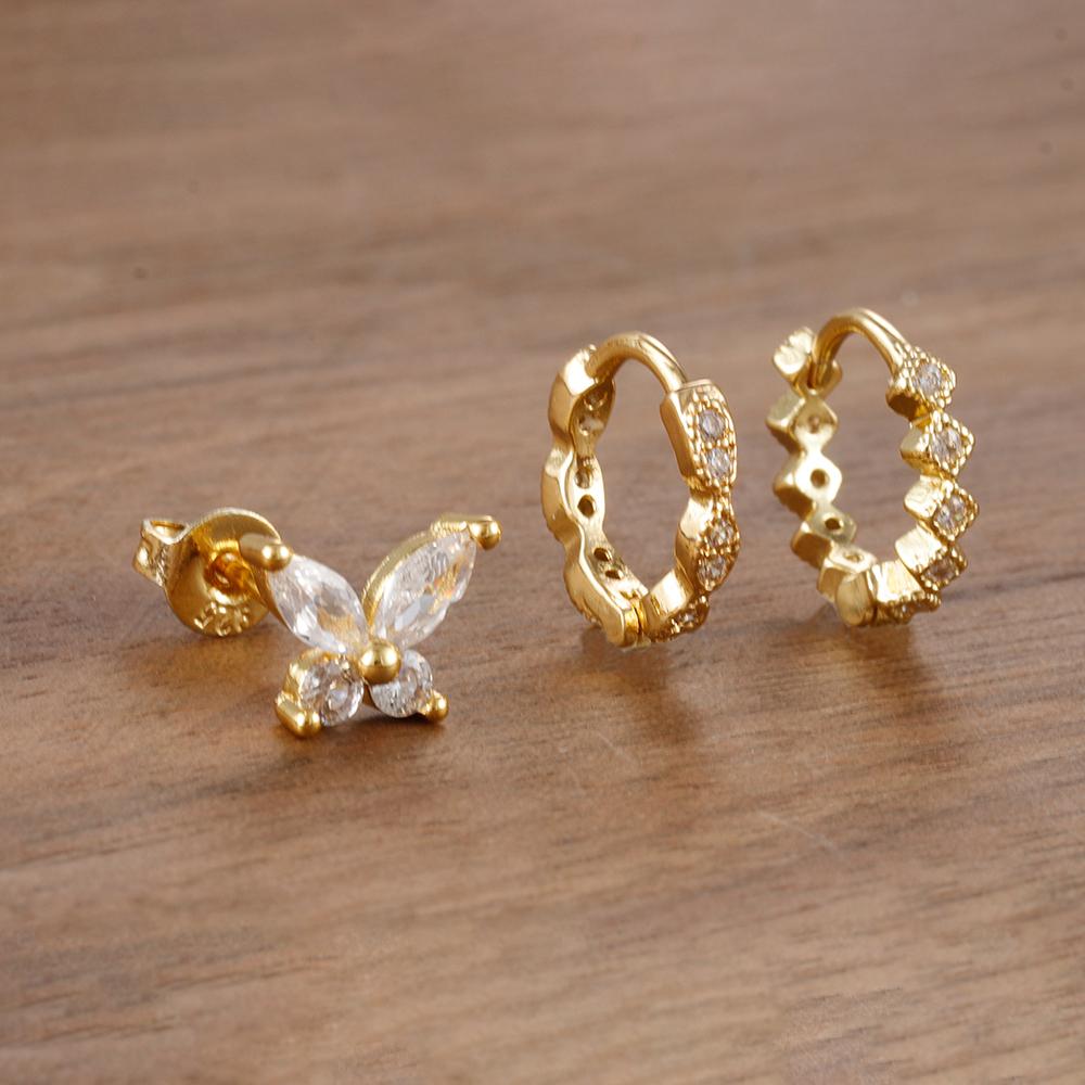 3Piece Stainless Steel Huggie Minimal Butterfly Hoop Earrings Little Cubic Zirconia Heart Cartilage Earrings Piercing Jewelry