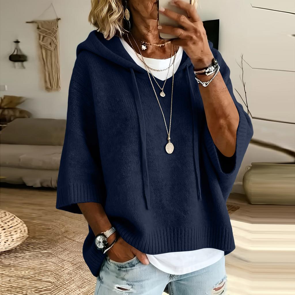 Women's Color Knitted Hooded Sweatshirt with Drawstring New Arrival
