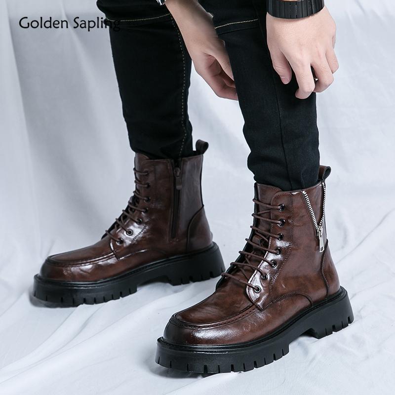 Fashion Golden Sapling Men's High Top Boots Casual Business Shoes Comfortable Platform Leisure Shoe Retro Leather Flat Fashion Boot Men