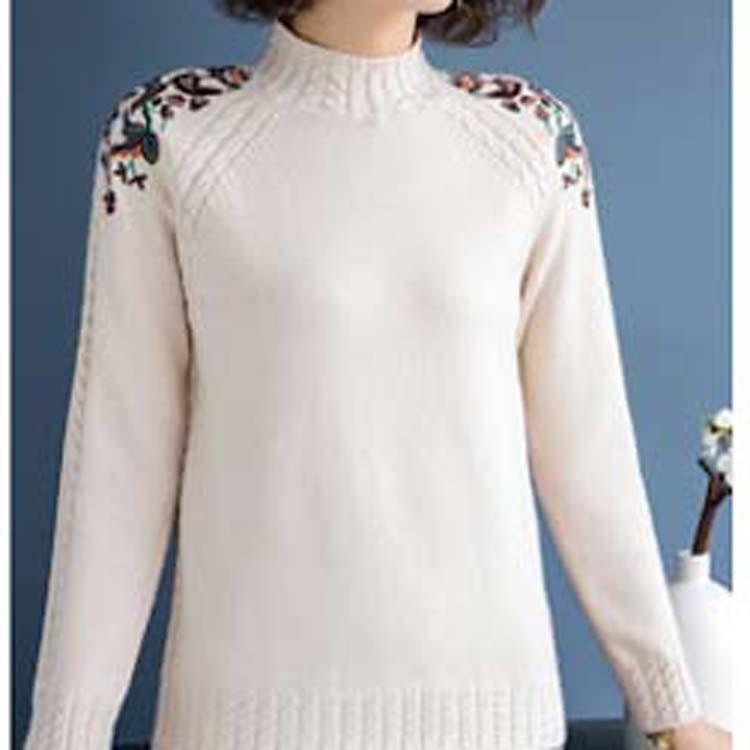 Women's Half High Neck Sweater Autumn and Winter Loose Embroidered Pullover Knitted Sweater