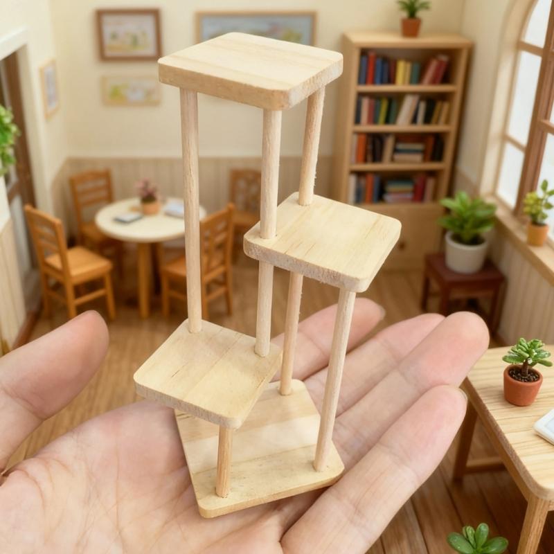 MultiLevel Flower Display Shelf For Miniature Plant And Scene Decoration Natural Wood Furniture Doll House Accessories