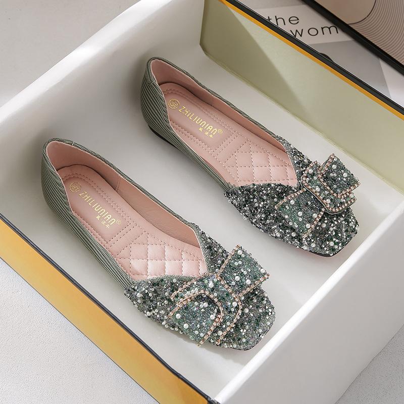 New bow single shoes women's flat bottom square head shallow mouth soft sole Doudou shoes large size one