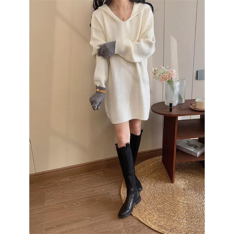Fashion casual hooded medium and long knitted sweater top women's autumn and winter new loose lazy pullover sweater