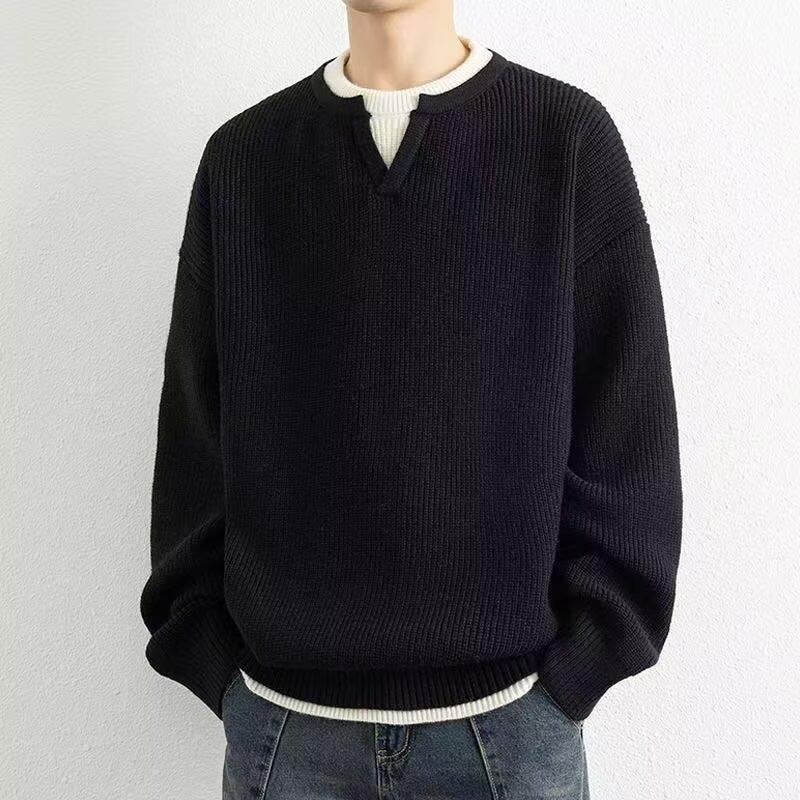 

Unisex Patchwork Knit Sweater: Two-Piece Long Sleeve Pullover with Arctic Fleece Base Layer 2XL (145-155 jin) чорний