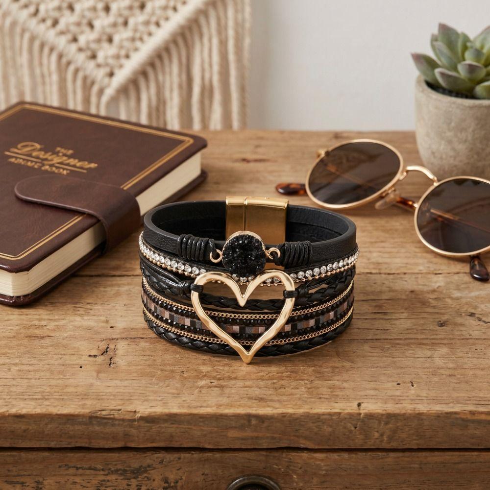 Braided Heart Woven Bracelet Leather Stacked Zircon Bracelets  Female Jewelry