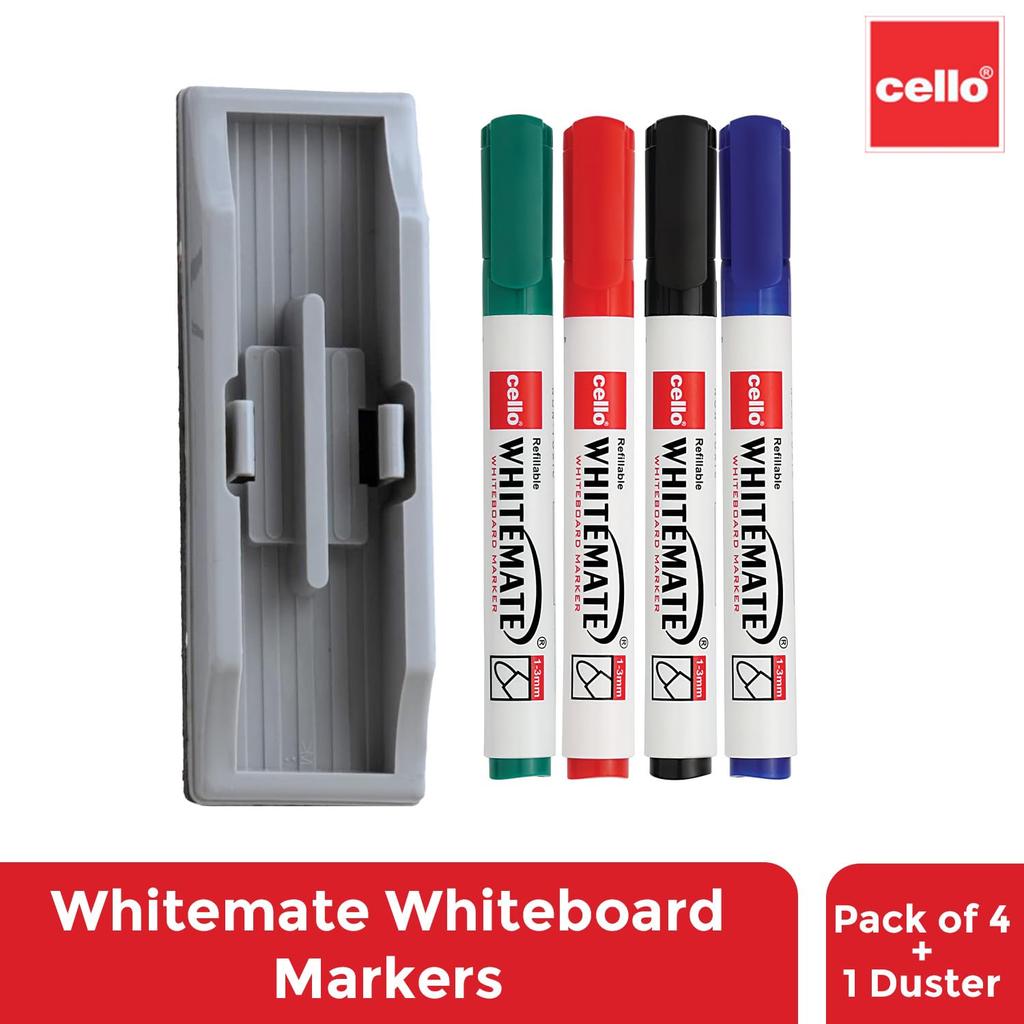Cello Whitemate Whiteboard Markers Set of 1 X 4 Marker Pens with Duster | Assorted Colors | Bold Tip, Refillable & Erasable | OfficE Use