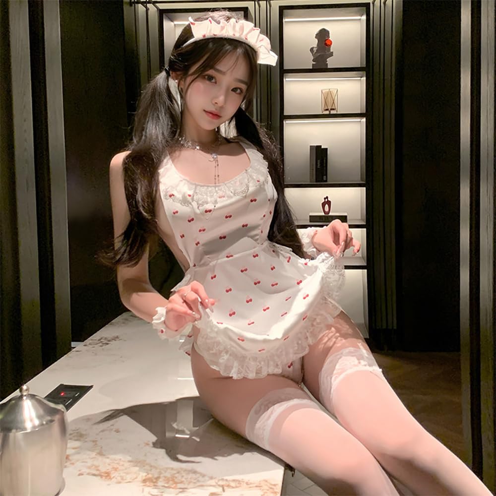 YAISHN Sexy Maid Costume, Cosplay Apron, Cute White, Backless, Halloween Costume, Bow Tie, Extreme Seductive, Cute, Exposed, 5-Piece Set, Stockings