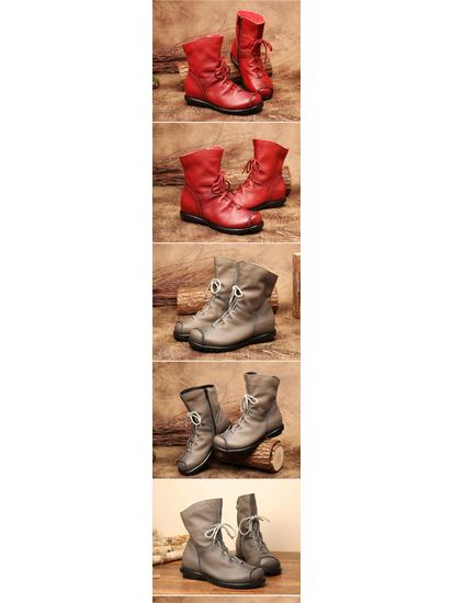 Original Genuine Leather Low Heel Ankle Boots - Retro Style for Autumn/Winter Women's Fashion