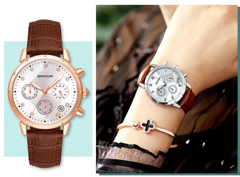 Sanda Women's Trendy Korean Style Casual Watch with Small Seconds, Inlaid Diamonds, and Waterproof Leather Strap