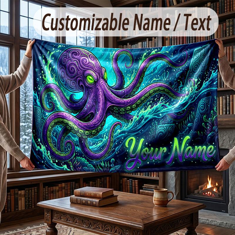 Octopus Sea Life Theme Throw Blanket Custom Name Text Personalized Blanket Soft Cozy Blanket for Home Sofa Bed