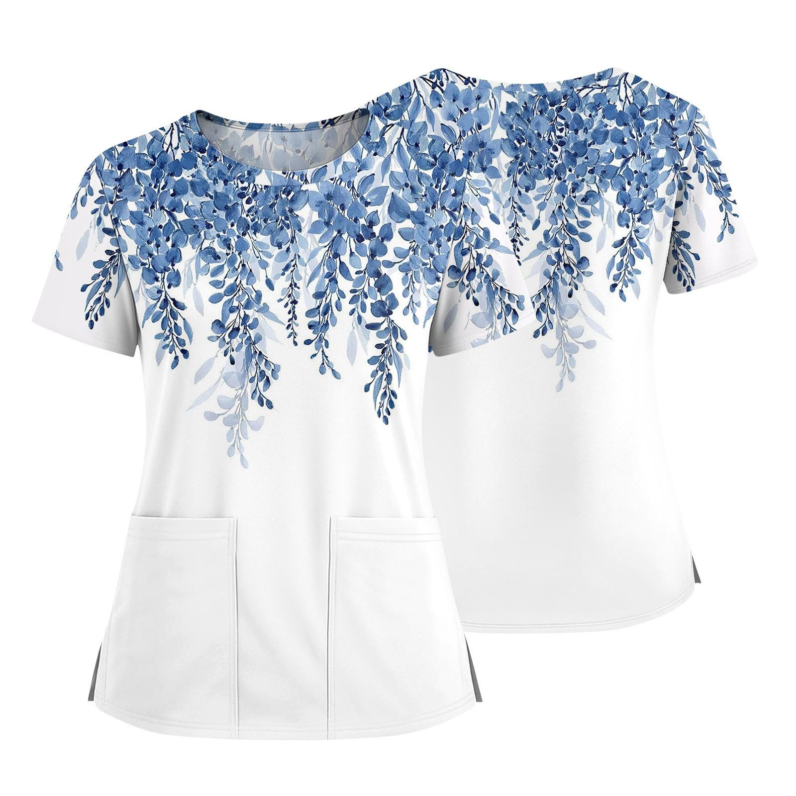 

Women s Fashionable Printed Round Neck Pocket Short Sleeved Shirt With Slit Hem Uniform And Worker s Top M синій