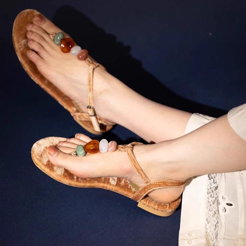 String Perlen Mehrfarbig Sexy Sandalen Zehensteg T-Riemen Flach mit Schnallenverschluss Flach Damen Mode Schuhe 2025 Sommerurlaub