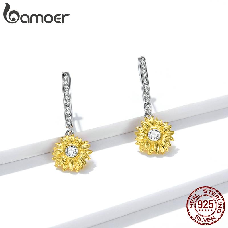 

BAMOER стерлингового серебра 925 пробы с блестящими цирконами, гипоаллергенные серьги, женские серьги с пряжками в форме подсолнуха серебряный