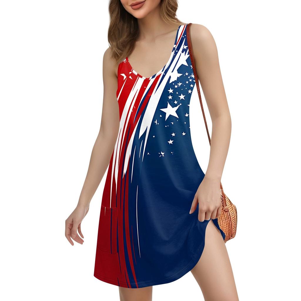 Women's Casual Print Bohemian Beach Dress With Pockets V Neck Tank Dress