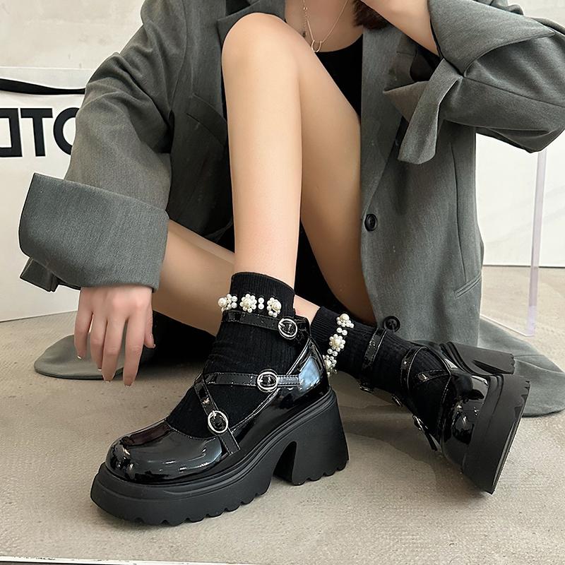 Rimocy Patent Leather Ankle Strap Lolita Shoes Women Thick Heels Platform Mary Janes Woman Sweet Lovely High Heeled Pumps 2024