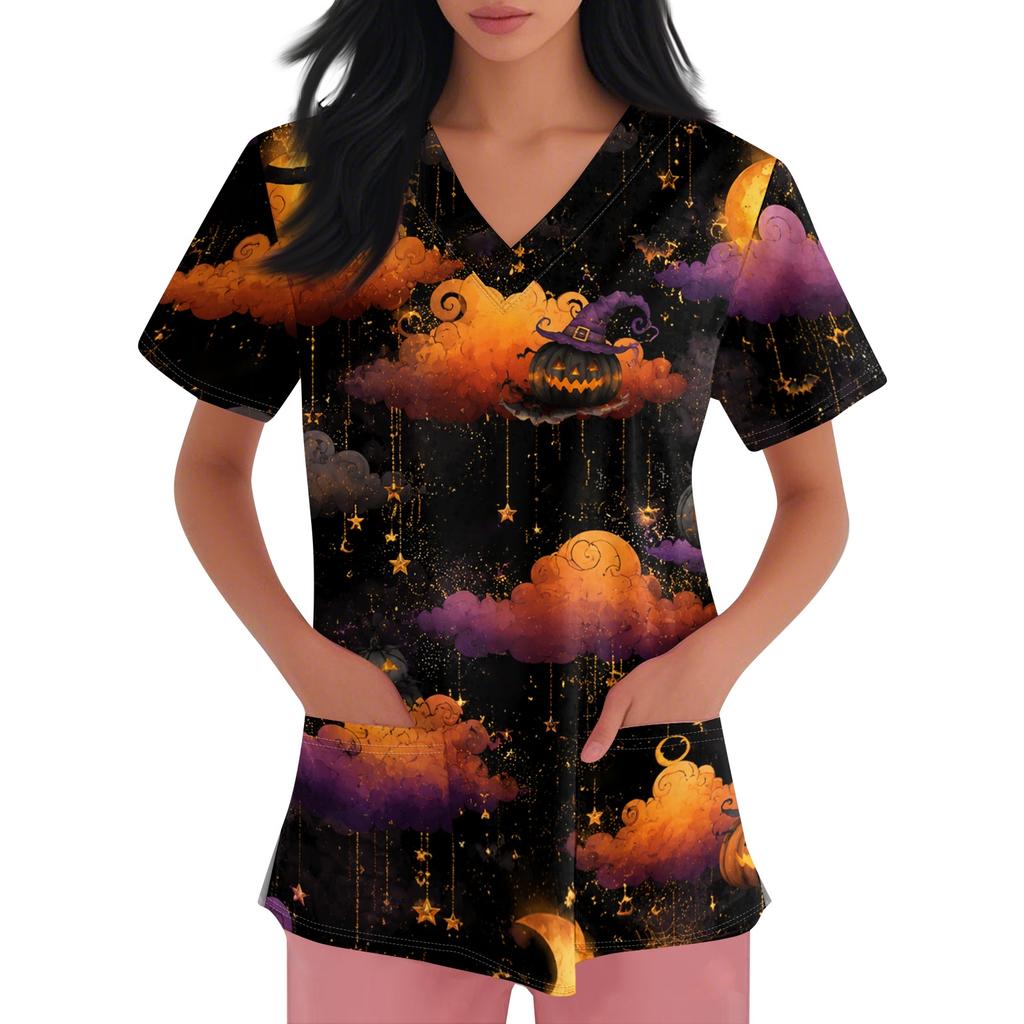Women's short-sleeved Halloween print V-neck pocket protective work shirt