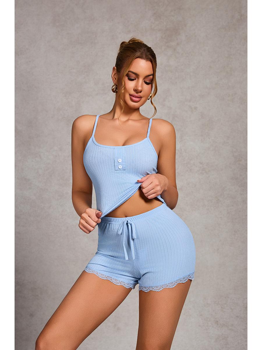 

Новый пижамный комплект в рубчик в евро-американском стиле: Повседневная сексуальная майка и шорты для женщин Extra Large светло-синий