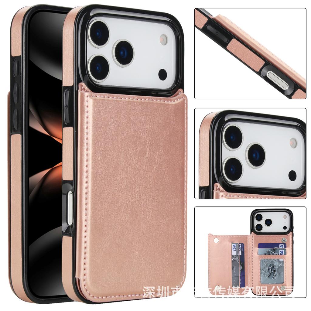 Suitable for Phone17  multiple phone models, Crazy Horse pattern double buckle phone leather case, Apple 16e/15 card insertion sticker protective case