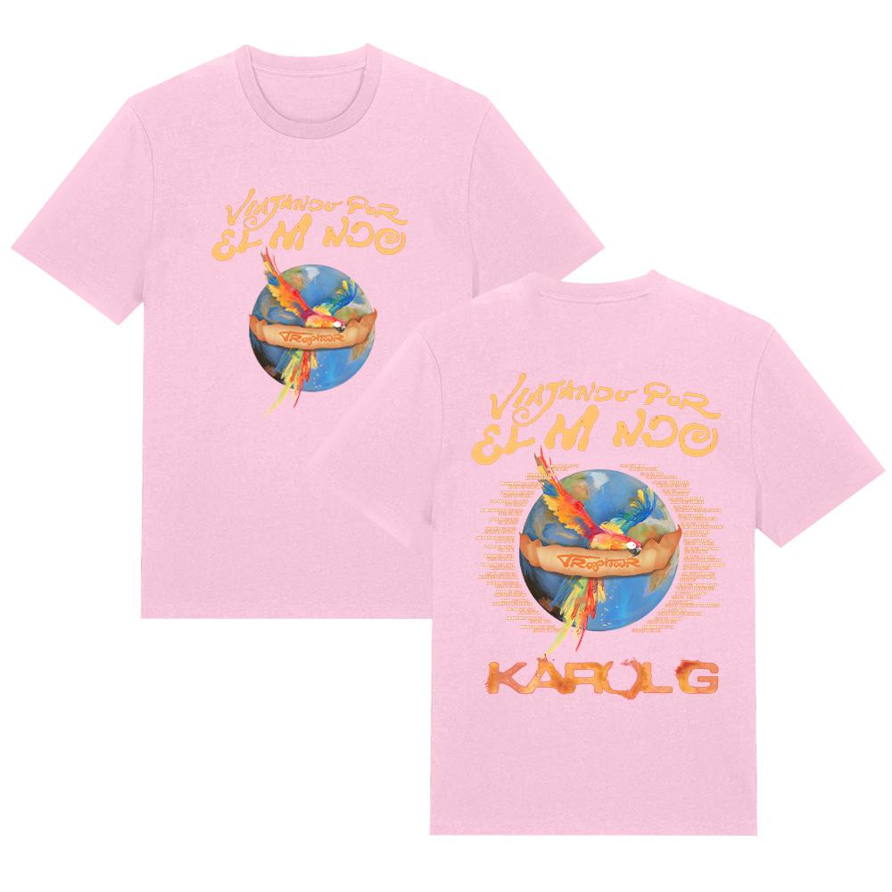 

Karol G Viajando Por El Mundo Tropitour T Shirt Short Sleeve Cotton Comfortable Tee Unisex New Pattern Tops XS рожевий