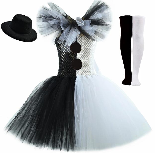 

Хэллоуинский наряд Детский костюм для вечеринки Ужасное платье-костюм Костюм клоуна для девочки со шляпой, перчатками, реквизитом в виде ножа Кружевное пышное платье для девочек Одежда 10-12Y(145-155cm)