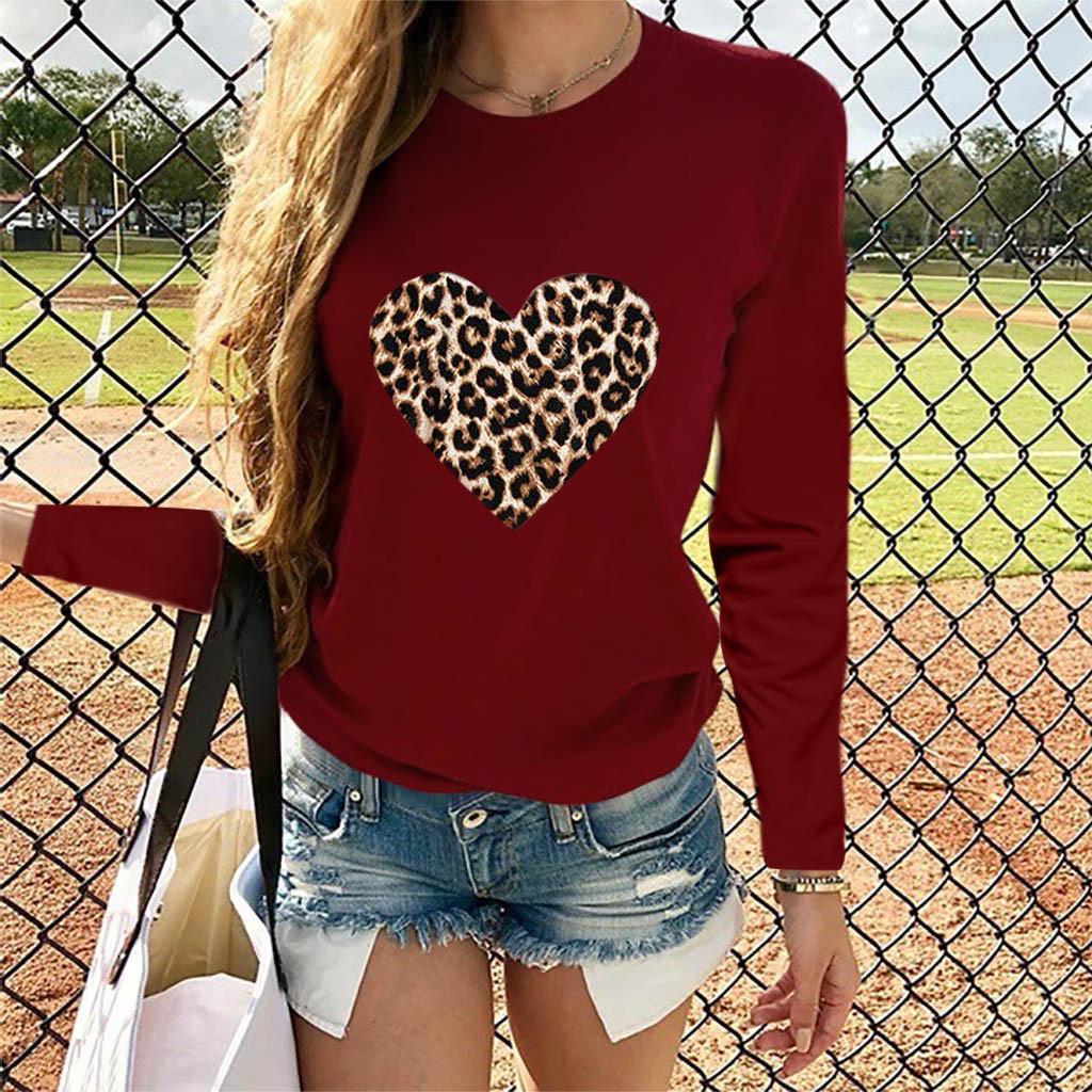 Women Casual Long Sleeve  Leopard Print Heart-shaped Top