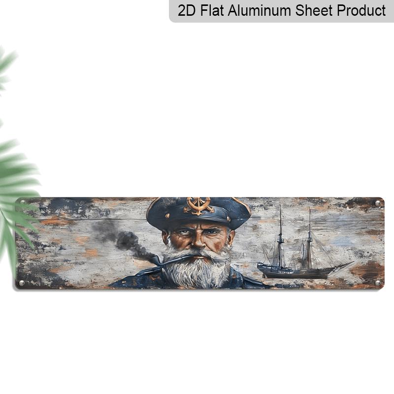 

2D Flat, 1pc Rustic Vintage Nautical Aluminium Decorative Sign - Sailor with Pipe & Ship Art, 15.7×3.94inch Recycled Aluminium Hanging Decor for 40cm x 10cm