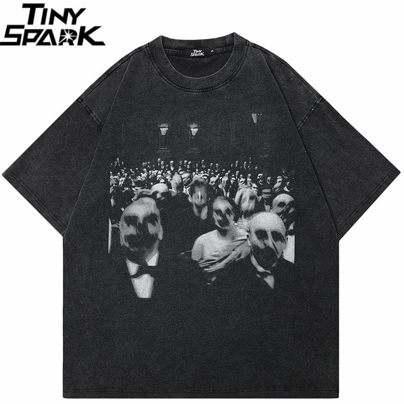 Hip Hop Streetwear Retro Washed Black TShirt Scary Zombie Graphic T Shirt Cotton Unisex Tshirt Men Tops Tee Hipster Dope