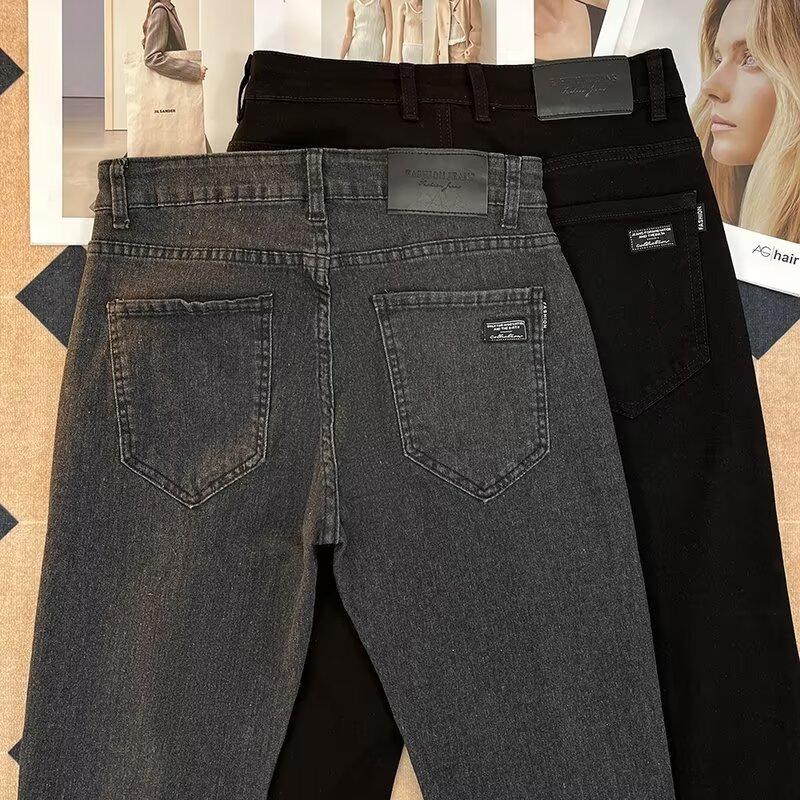 Solid Color Jeans Men's Versatile Trendy Casual Pants Stretch Slim Straight Thickened Long Pants