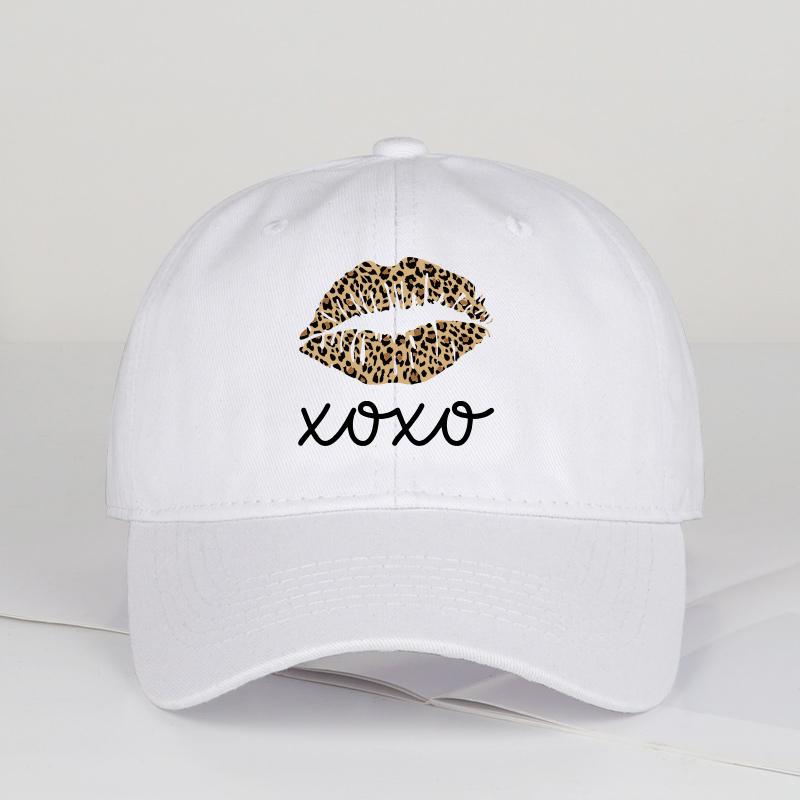 Leopard-Print Lips Xoxo Printed Soft-Peaked Baseball Cap Soft, Comfortable, Adjustable Sexy, Trendy, Cool, Sweet, Edgy, Retro, F