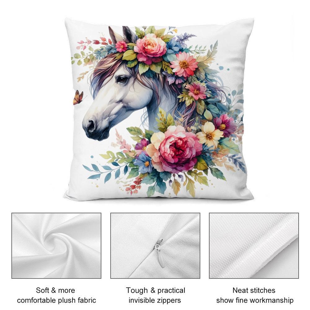 Watercolor Horse  Floral Cushion Cover Soft Plush Fabric DoubleSided Printed Cushion Covers for All Seasons Modern Home Decor