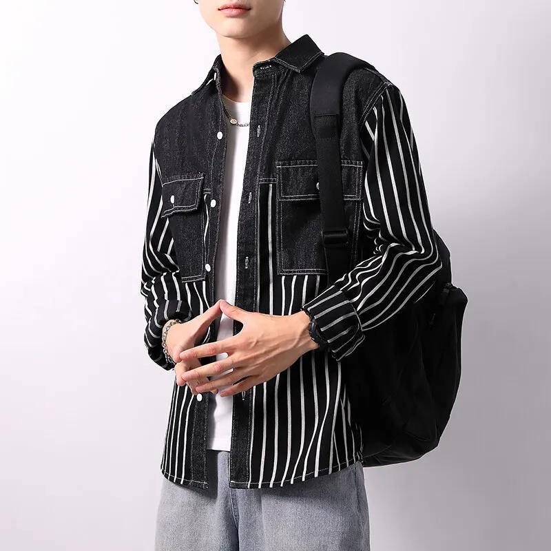 Spring Autumn Men Fashion Denim Shirts Men Long Sleeve Casual Cotton Shirt Men Striped Streetwear Tops Turn Down Collar Blouse