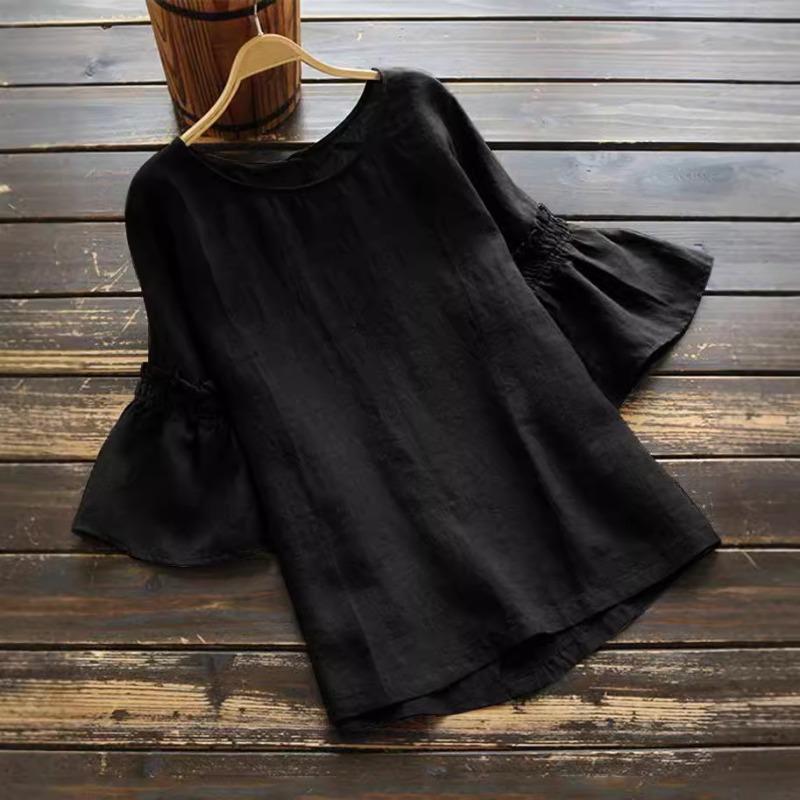 Damen Sommer Bluse Kurzarm Unifarben Rundhals Rüschenärmel Hemd