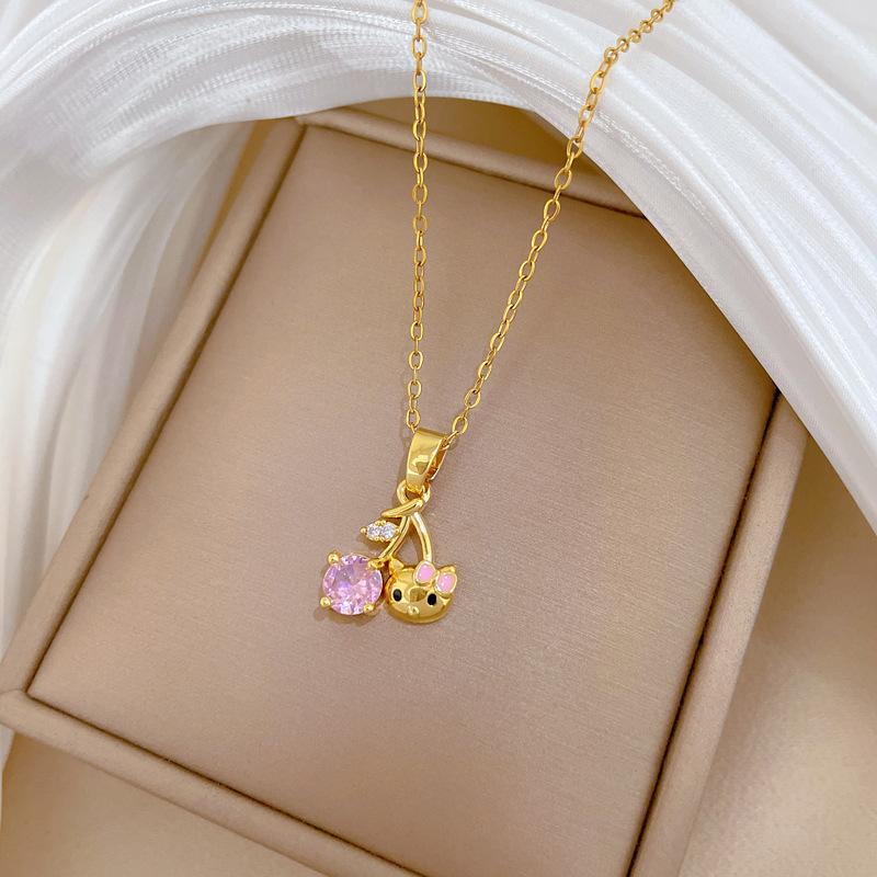 Cherry Cat Fashion Light Luxury Temperament Gorgeous Full Diamond Necklace Female Versatile Collarbone Chain Titanium Steel Chain