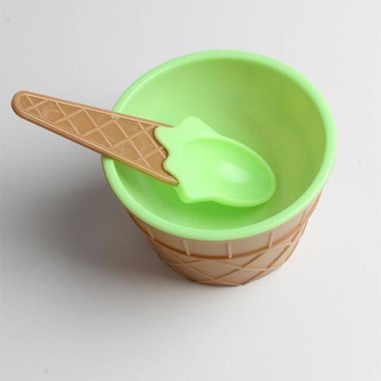 Kids Child Cute Cartoon Cone Ice Cream Bowl Spoon Set Plastic Dessert Tableware