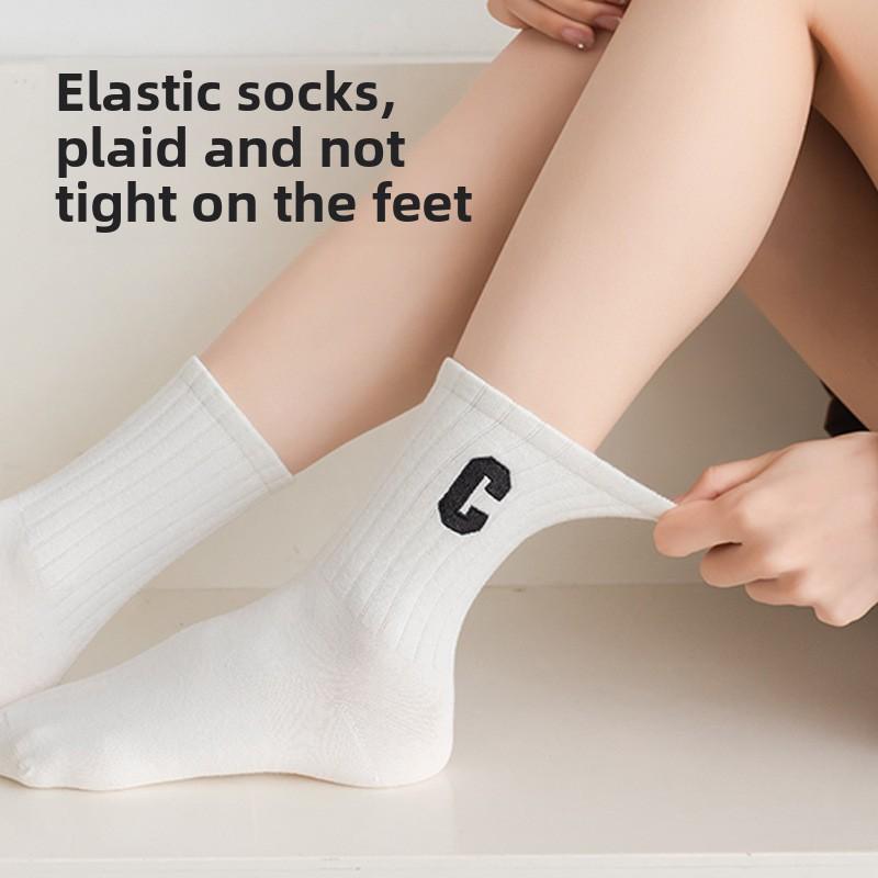 5 Pairs of Female Spring and Autumn Embroidered Letters Solid Color Street Sports Cotton Socks