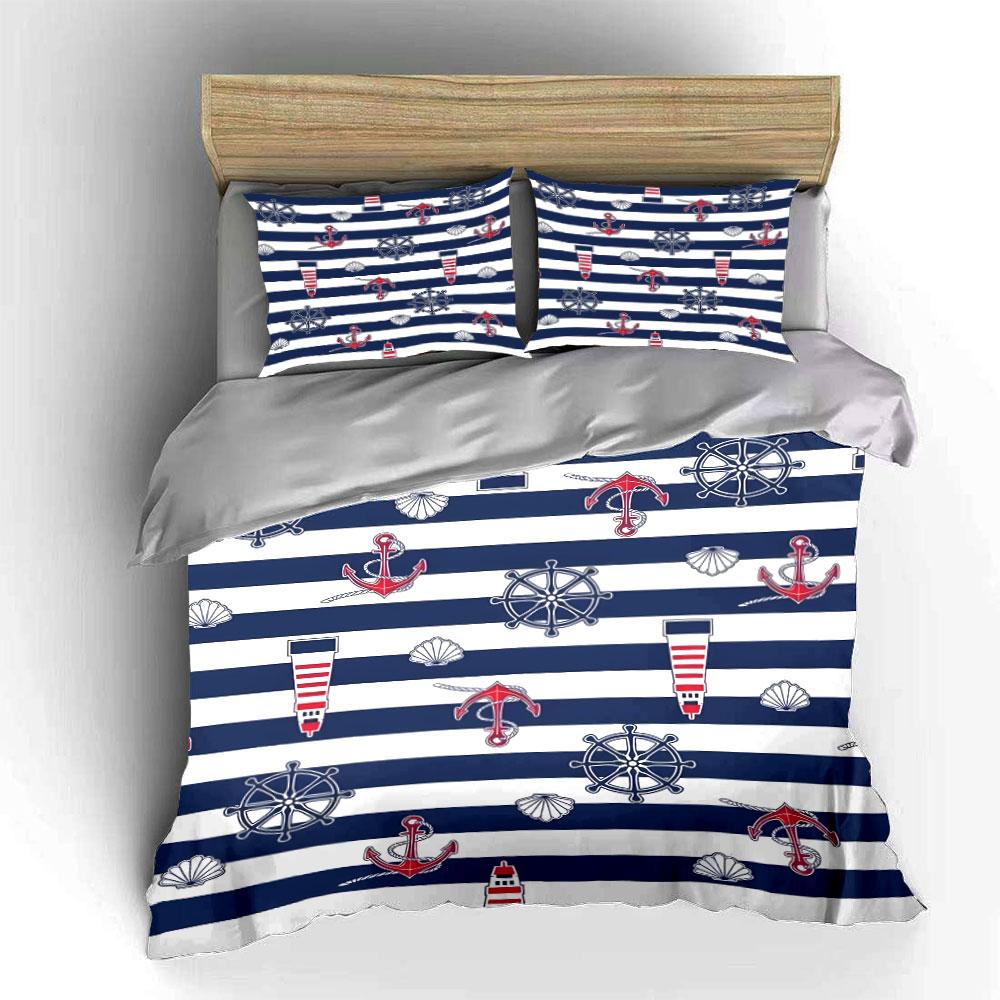 3Pcs Navy Striped Anchor Lighthouse Duvet Cover Set Nautical Wheel Seashell Bedding Single Double King Queen Gift
