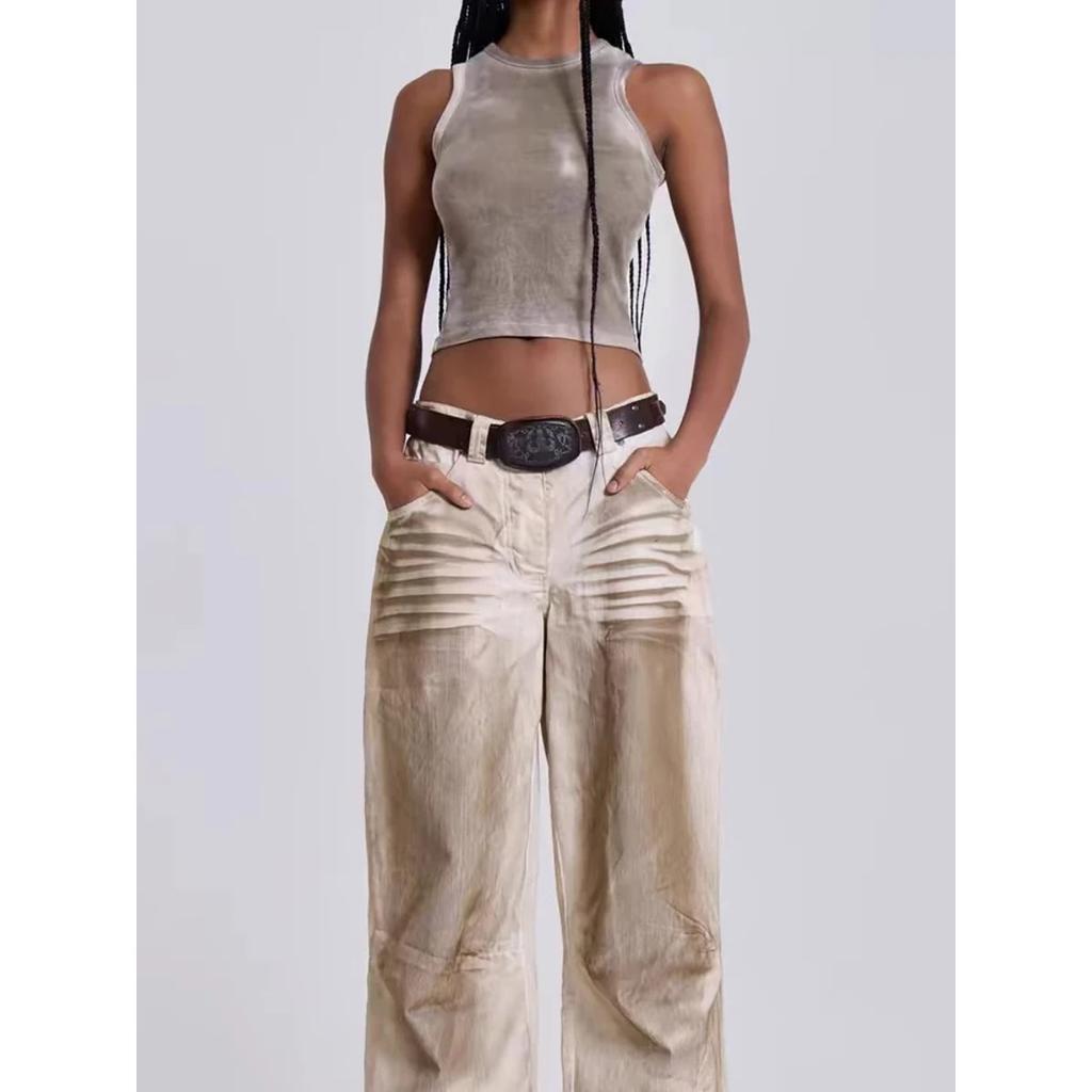 VIONA Fashion Dirty Dyed Jeans Women's High Waist Loose Straight Wide Leg Denim Pants