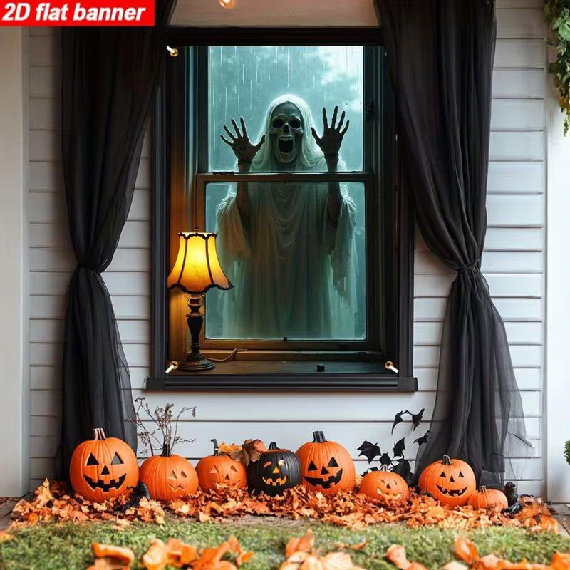 2D Halloween Ghost Skeleton Window Banner, Scary Party Door Decoration